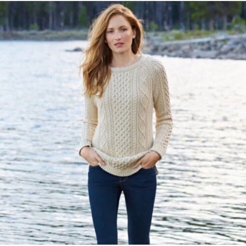 L.L. Bean Cream Cable Knit Crewneck Sweater